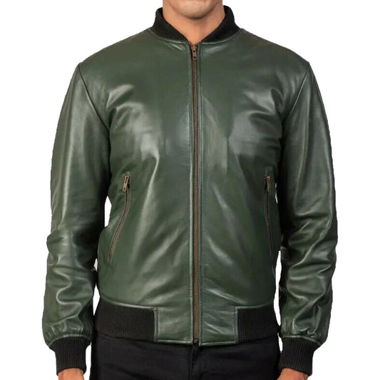 Real Leather Motorcycle Bomber Jacket In Green Real Leather Motorcycle Bomber Jacket In Green