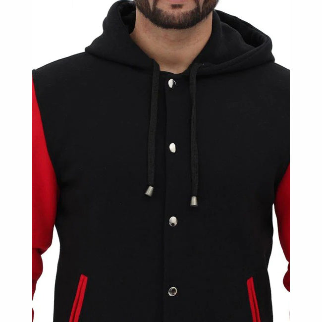 Red And Black Baseball Hooded Varsity Jacket