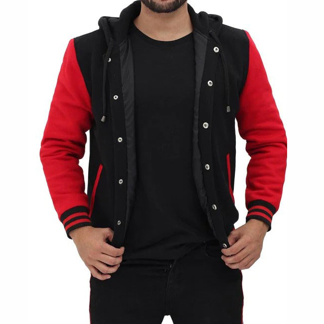 Red And Black Baseball Hooded Varsity Jacket