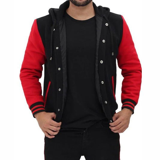 Red And Black Baseball Hooded Varsity Jacket Red And Black Baseball Hooded Varsity Jacket