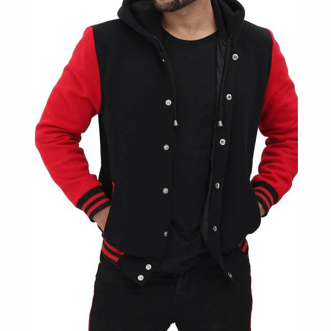 Red And Black Baseball Hooded Varsity Jacket