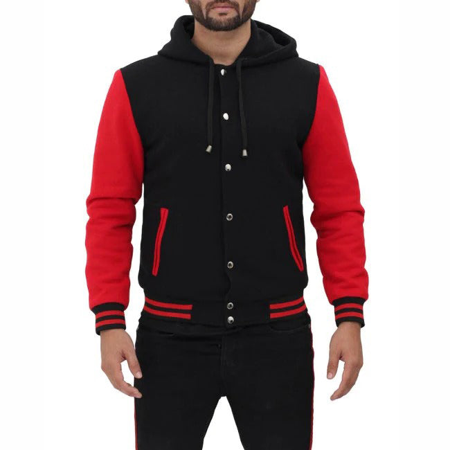 Red And Black Baseball Hooded Varsity Jacket