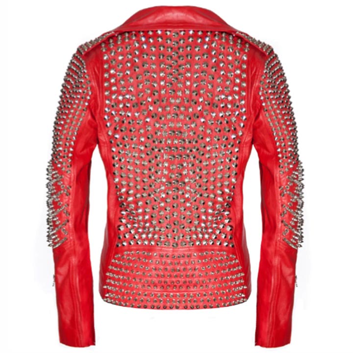 Red Leather Studded Biker Jacket for Women