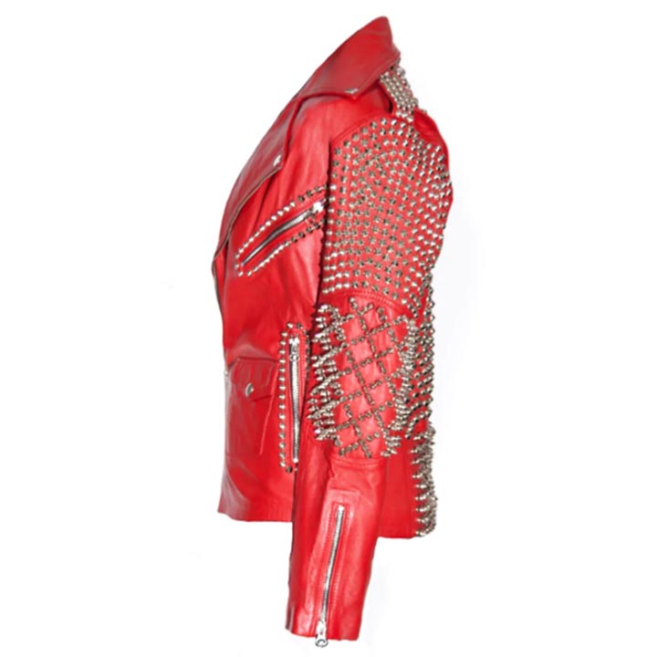 Red Leather Studded Biker Jacket for Women