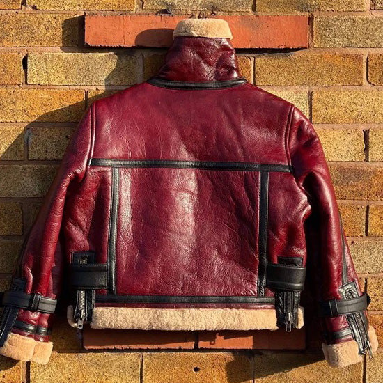 Red-Wine Cropped Style Fur Leather Coat Women