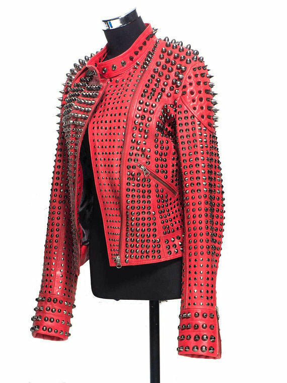 Red Studded Spiked Leather Jacket side view