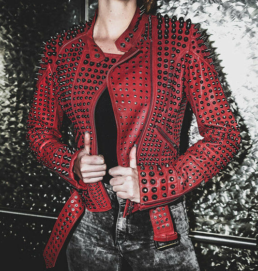 Red Studded Spiked Leather Jacket zoom view