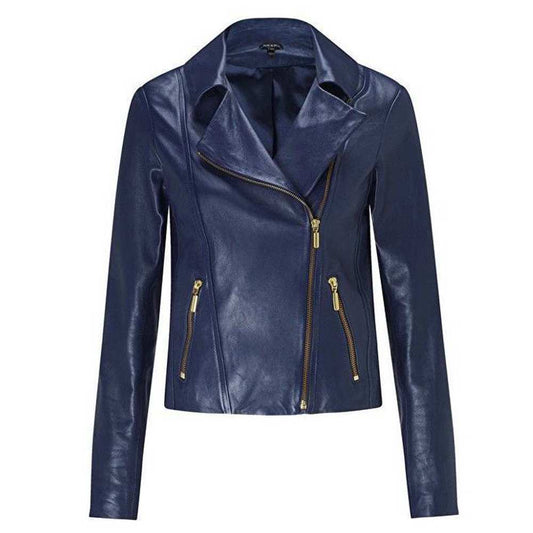 Ruth Langsford Blue Leather Motorcycle Jacket for Women