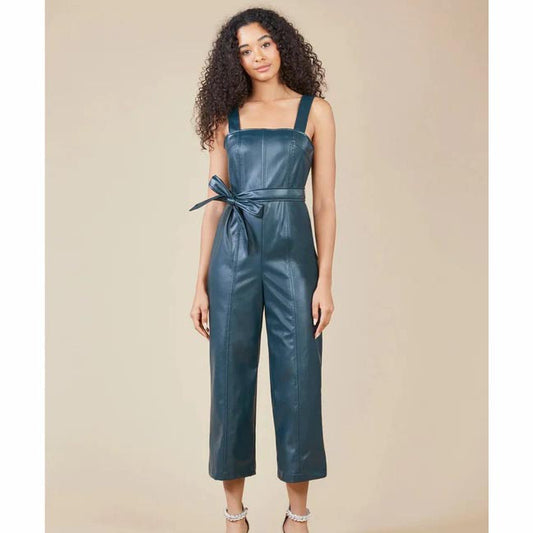Sleeveless Utility Blue Leather Jumpsuit for Women Sleeveless Utility Blue Leather Jumpsuit for Women
