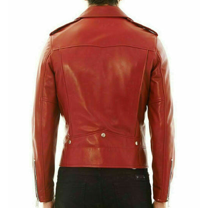 Stylish Men's Red Genuine Leather Biker Jacket