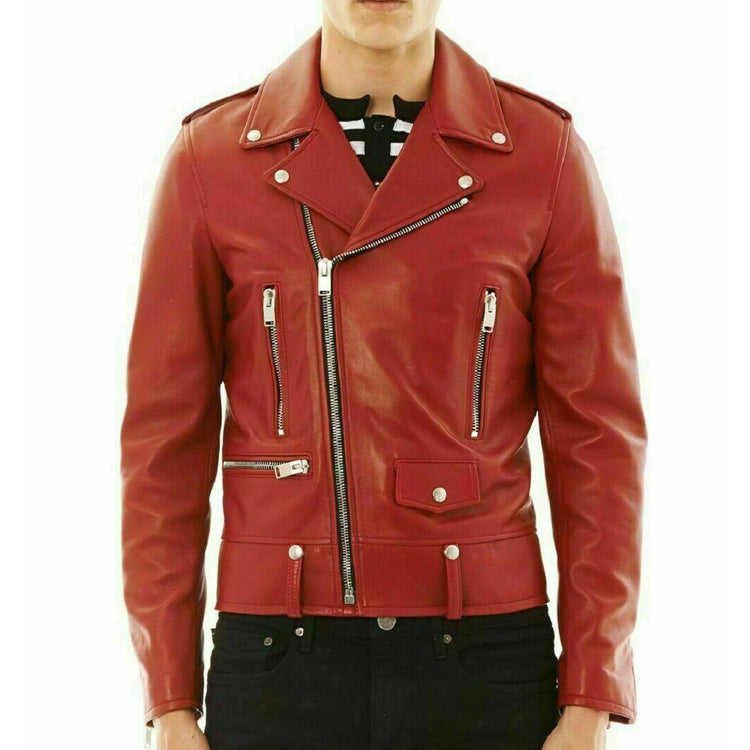 Stylish Men's Red Genuine Leather Biker Jacket