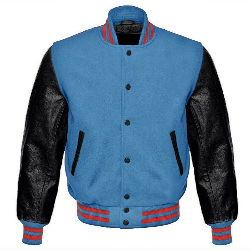 Varsity Bomber Baseball Jacket in black and Blue and Red