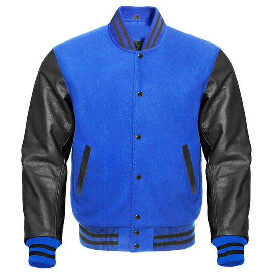 blue letterman jacket with leather sleeve