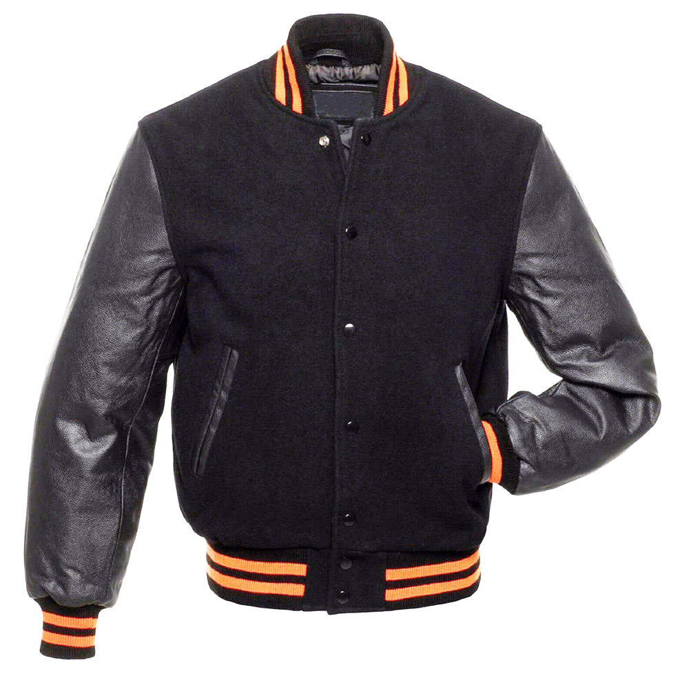 Varsity Bomber Baseball Jacket in black and orange