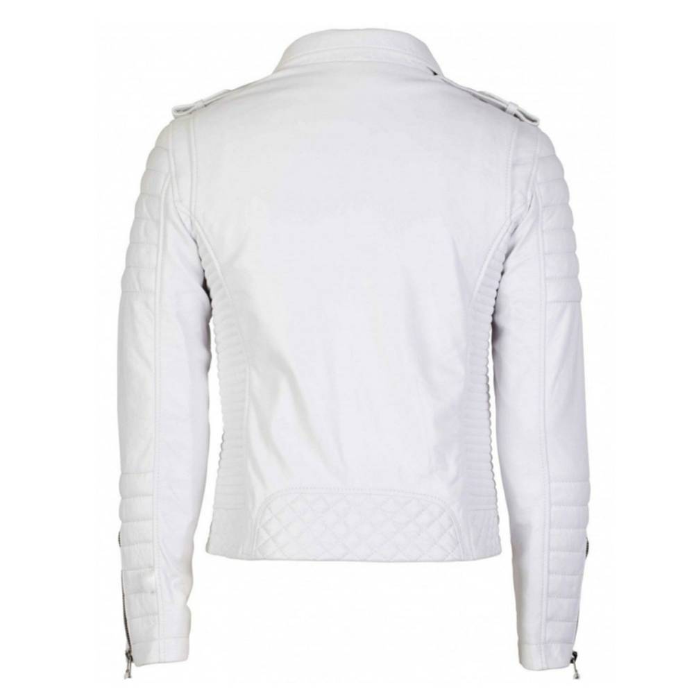 Vintage White Brando Quilted Biker Leather Jacket back view
