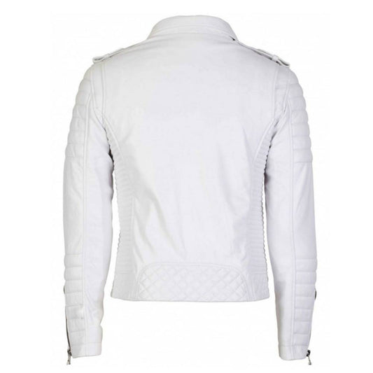 Vintage White Brando Quilted Biker Leather Jacket back view