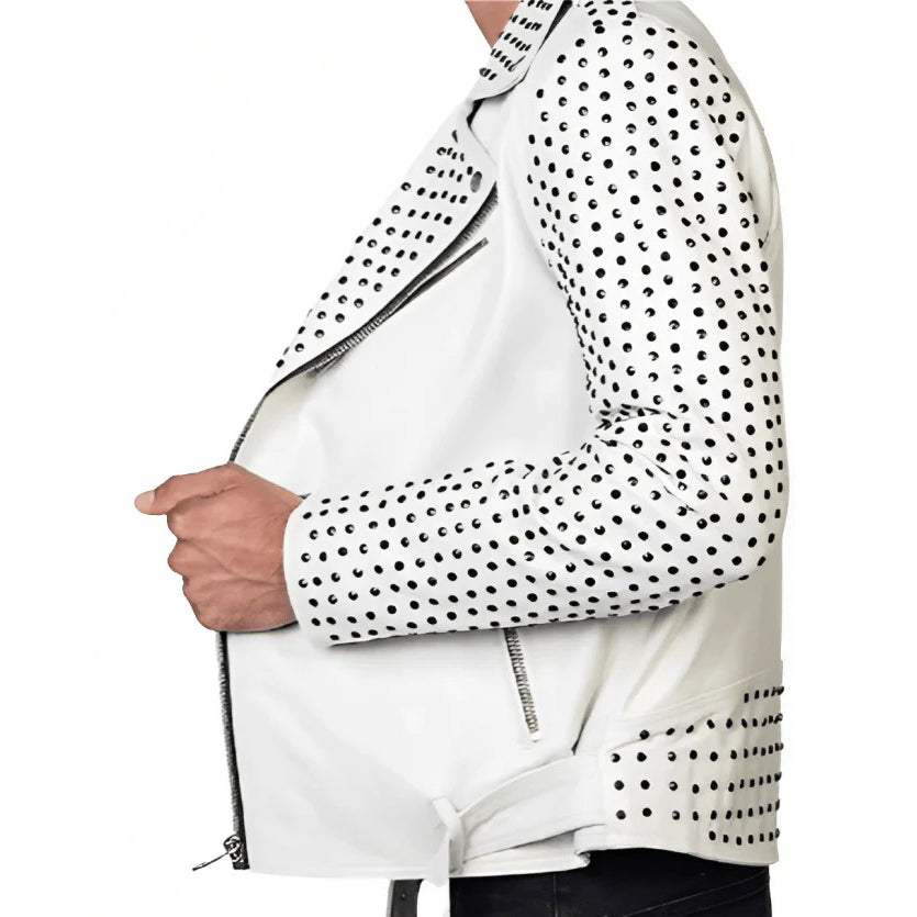 White-colored Men's Studded Biker Leather Jacket