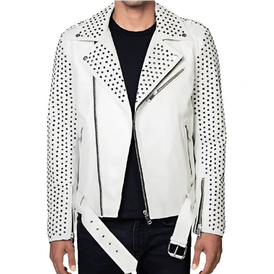 White-colored Men's Studded Biker Leather Jacket