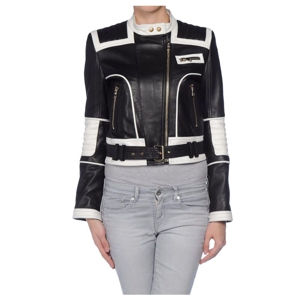Winter Women Black White Biker Leather Jacket
