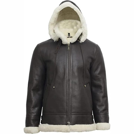 Women B3 Flight Black Aviator Shearling Leather Jacket with Hood