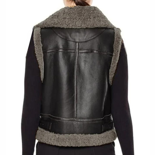 Women Black Leather B3 Aviator Sheepskin Shearling Vest