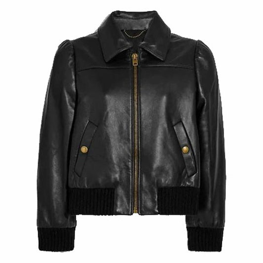 Women Black Leather Bomber Jacket Short