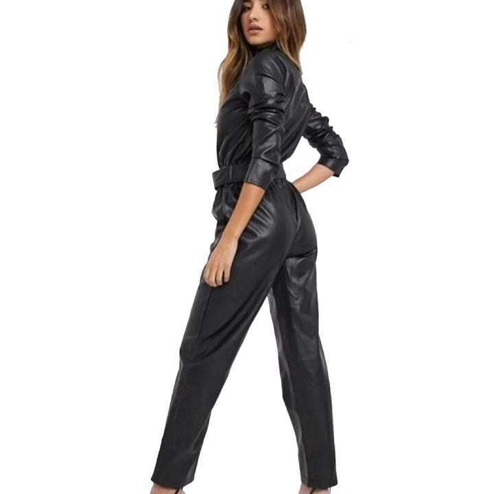 Women Black Sheepskin Leather Jumpsuit