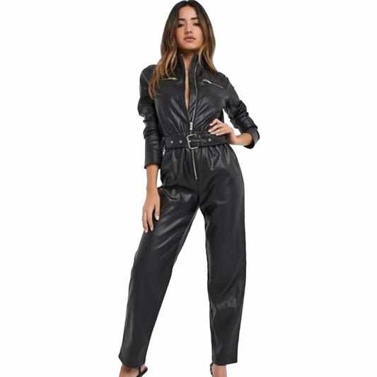 Women Black Sheepskin Leather Jumpsuit