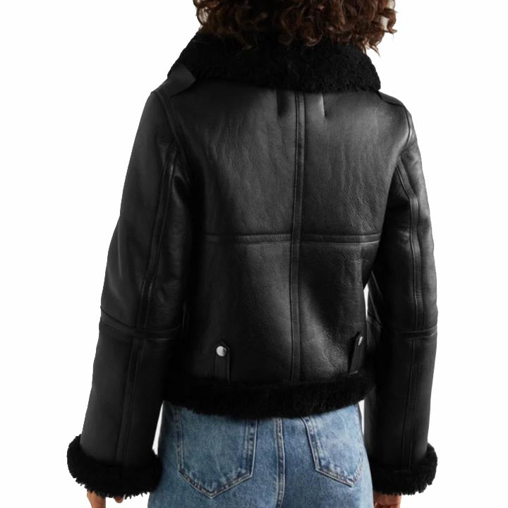 Women Black Sheepskin Shearling Leather Jacket