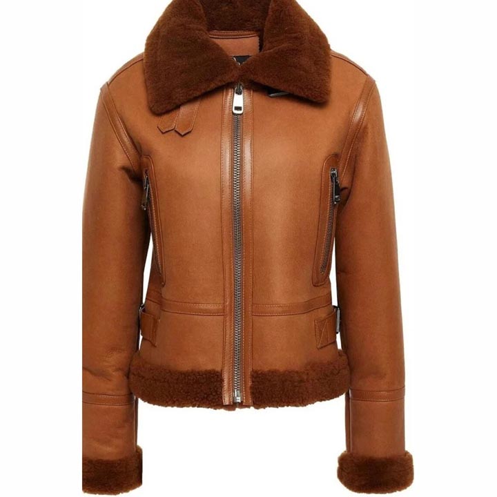 Women Brown Vintage RAF Aviator Flight Pilot Shearling Jacket