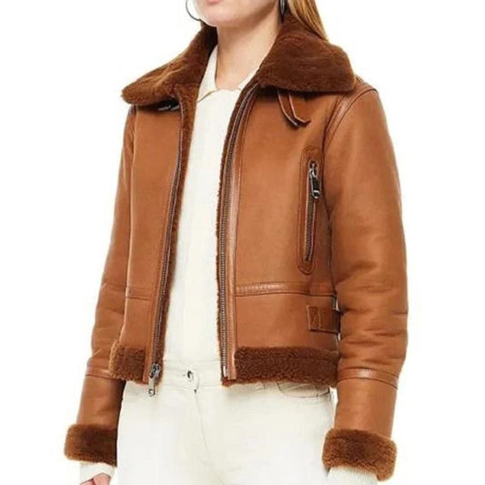 Women Brown Vintage RAF Aviator Flight Pilot Shearling Jacket