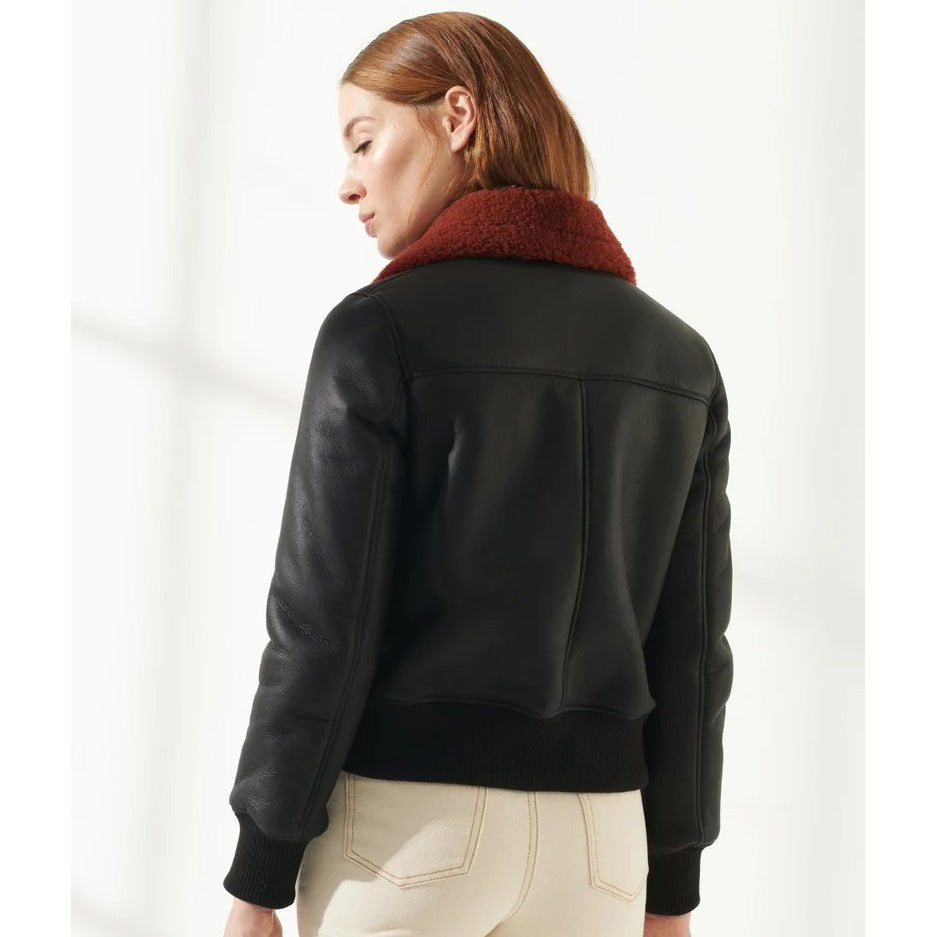 Women Leather Bomber Jacket with Red Fur Collar