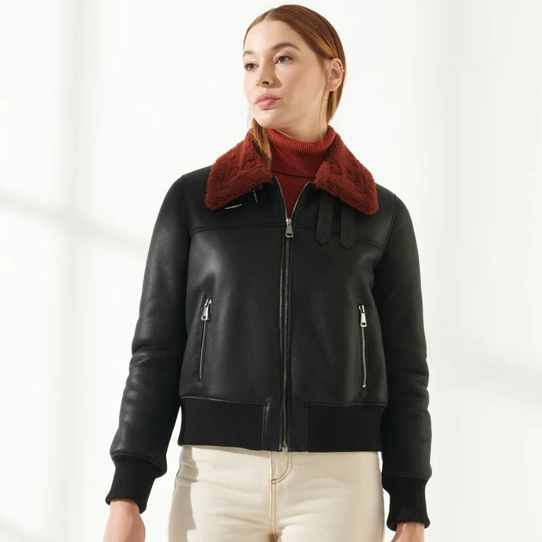 Women Leather Bomber Jacket with Red Fur Collar