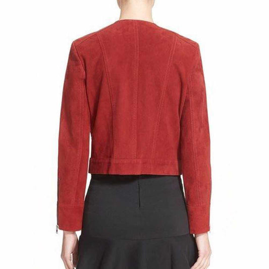 Women Burgundy Suede Leather Slim Fit Motorcycle Jacket