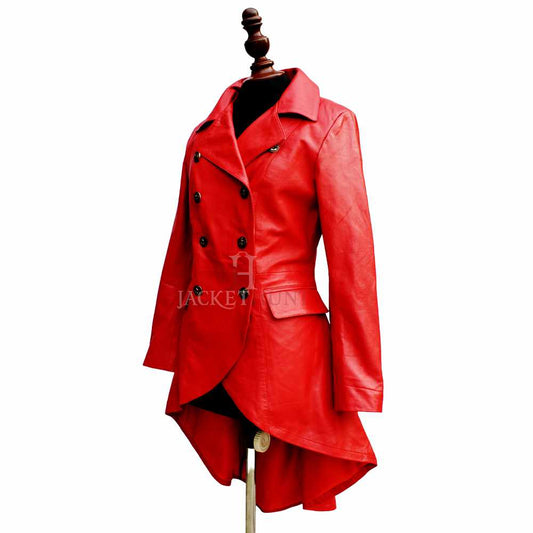 Women Double Breast Military Real Red Leather Coat