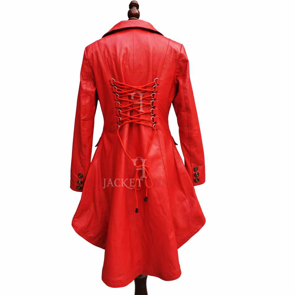Women Double Breast Military Real Red Leather Coat