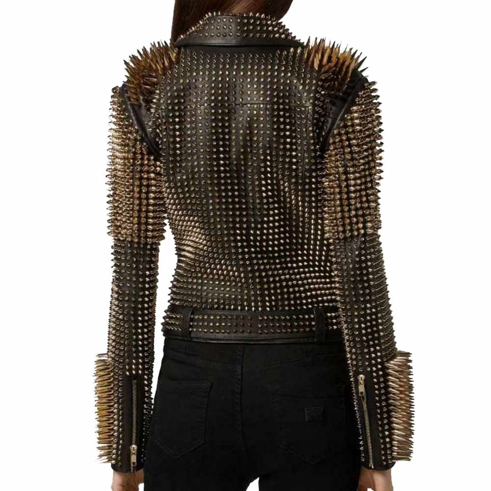 Women Golden Studded Spikes Leather Jacket