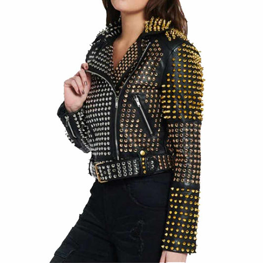 Women Punk Rock Black Leather Golden Silver Studded Leather Jacket