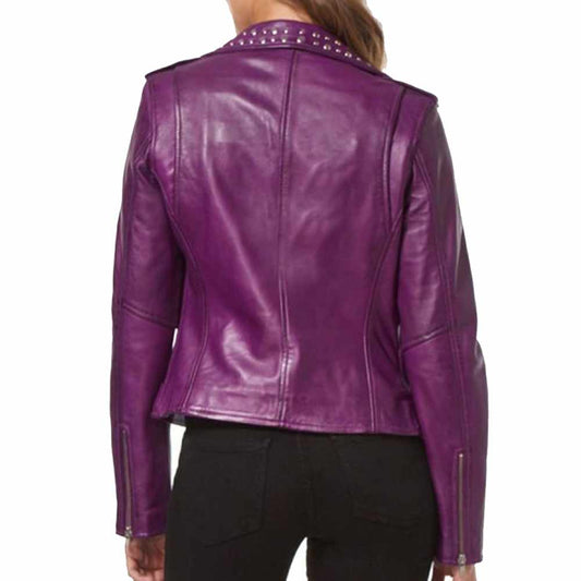 Women Purple Leather Studded Biker Fashion Jacket