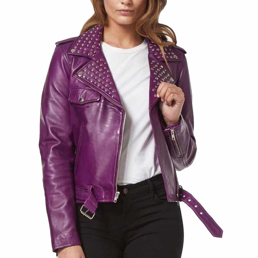 Women Purple Leather Studded Biker Fashion Jacket