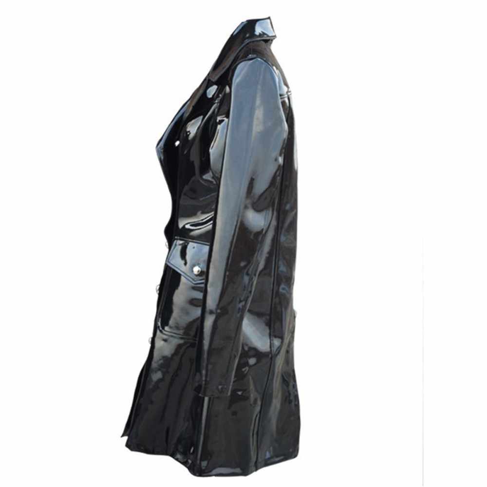 Women Vinyl PVC Double Breast Military Fashion Coat side view