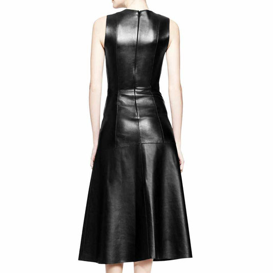 Women Black Leather Long Party Dress Coat back