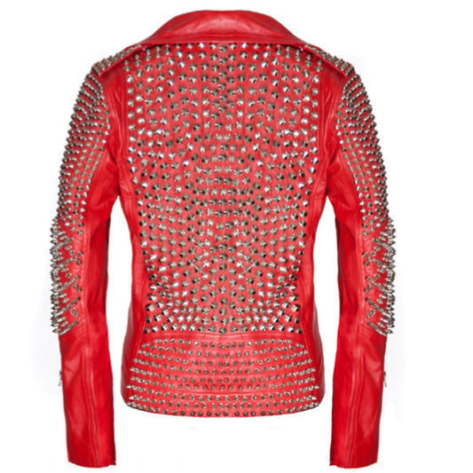 Women Brando Red Leather Studded Biker Jacket back view