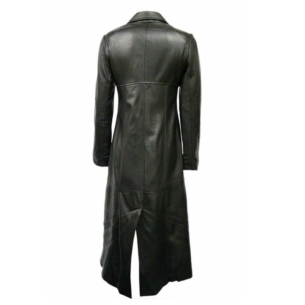 Women Genuine Black Leather Long Trench Overcoat