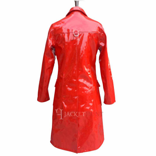 Women Hot Red Vinyl PVC Double Breast Military Coat back view