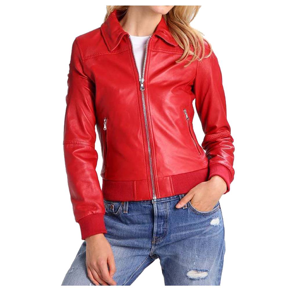 Women Red Bomber Motorcycle Lambskin Slim Fit Jacket full view