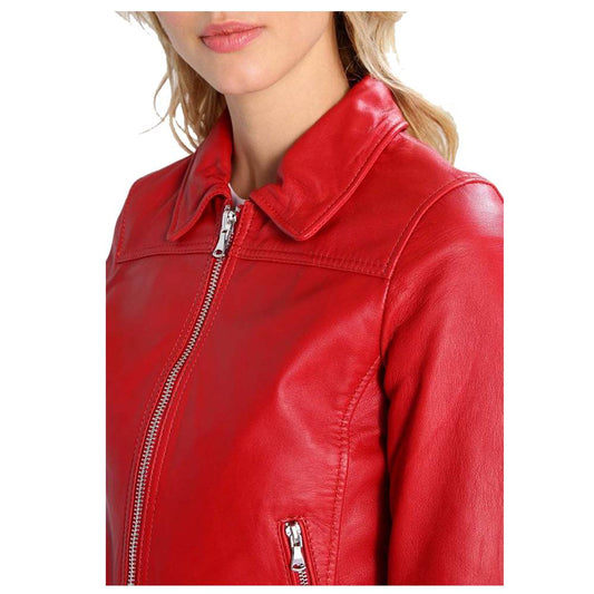 Women Red Bomber Motorcycle Lambskin Slim Fit Jacket zoom view
