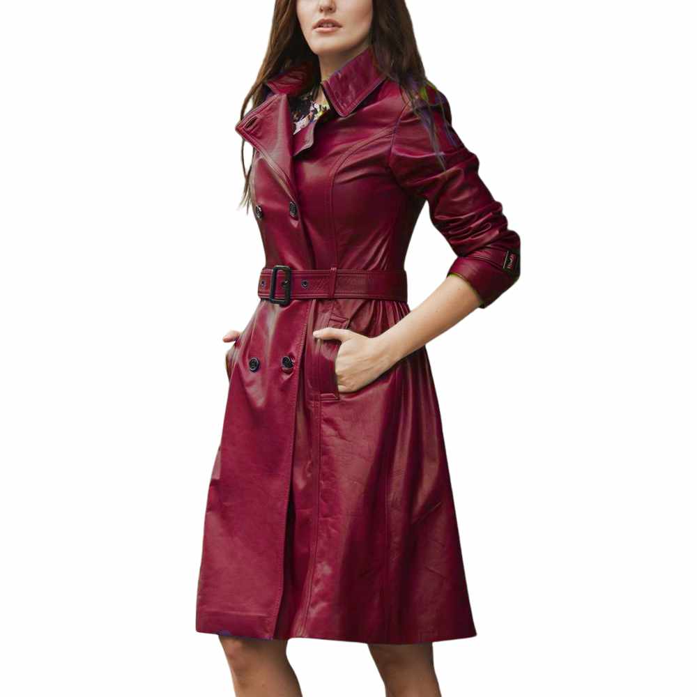 Women Slim Fit Genuine Leather Dress Trench Coat in red