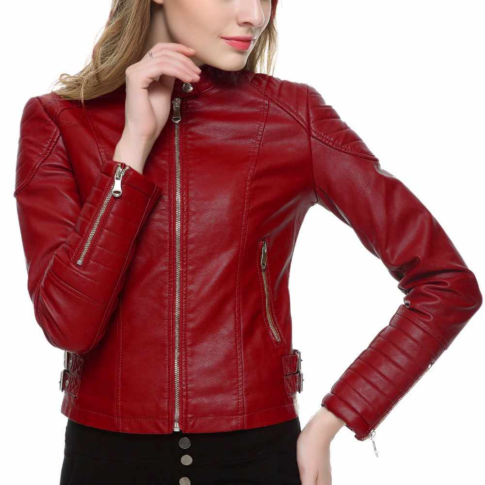 Women Slim Fit Motorcycle Fashion Leather Jackets in Red side