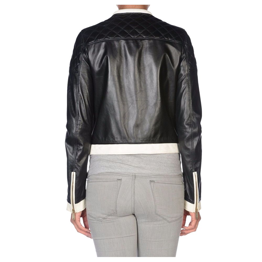 Women White Zipper Moto Biker Leather Jacket